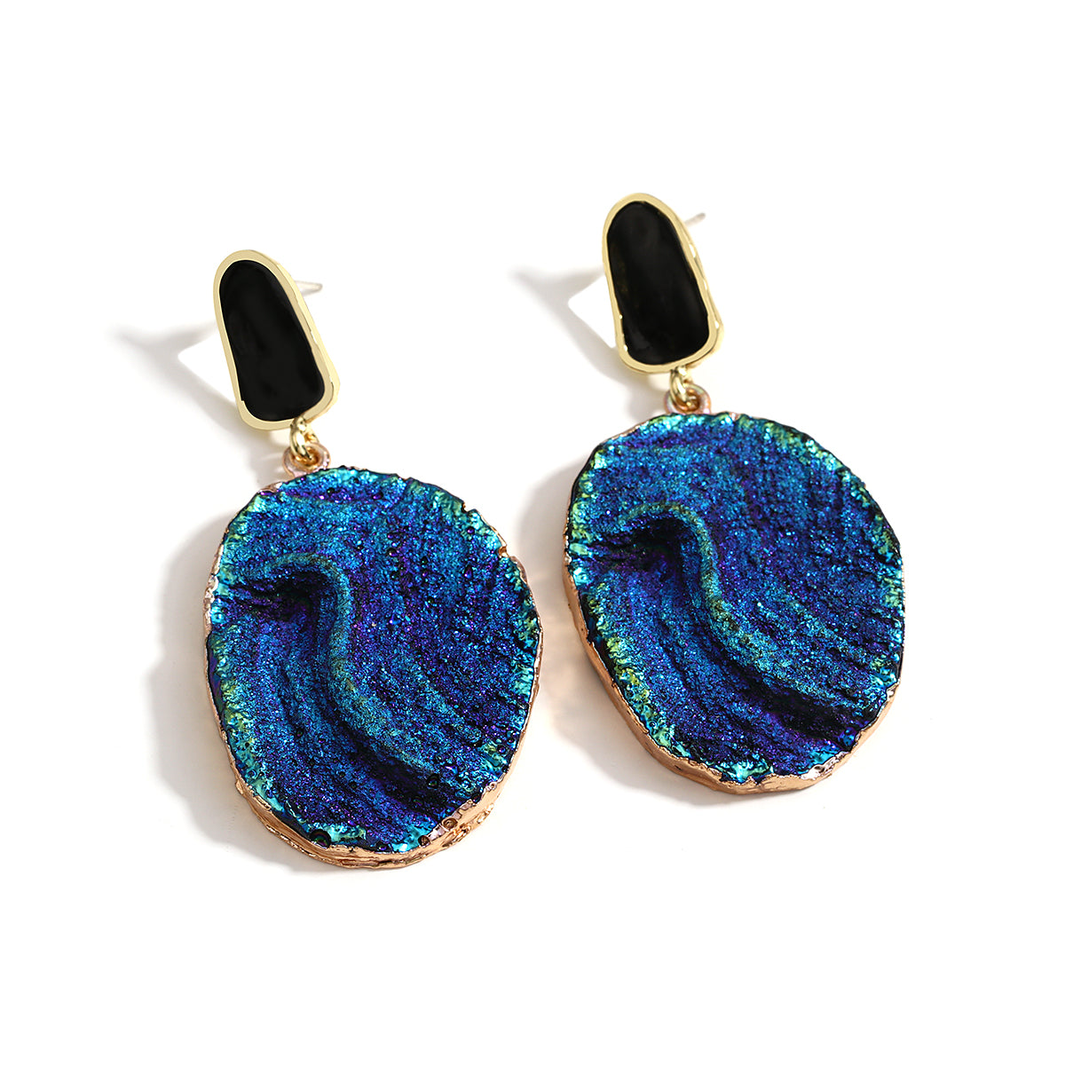 Ladies Blue Vintage Abstract Natural Round Stone Volcanic Rock Dangle Earrings