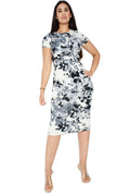 Ladies Grey & White Floral Twist Front Midi Pencil Dress