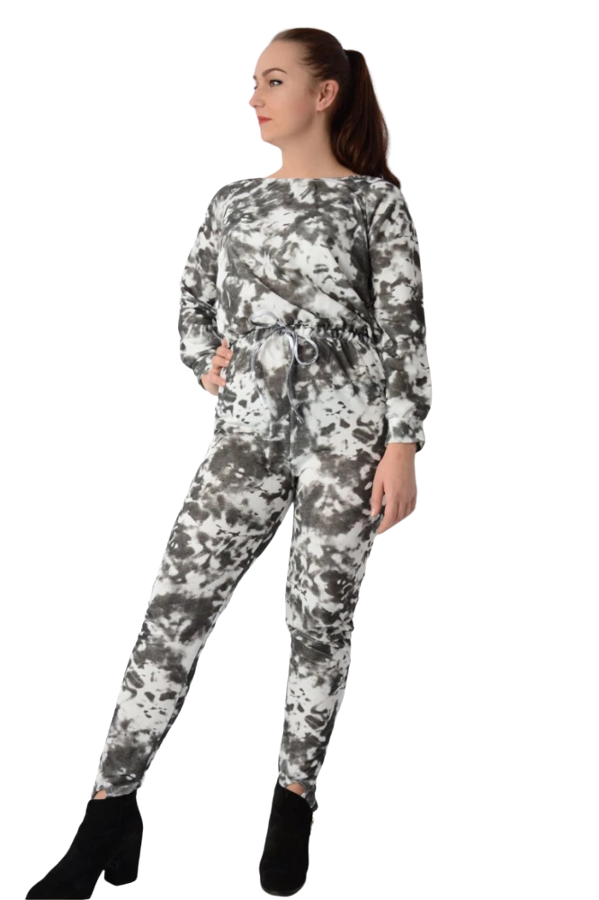 Ladies Black Tie Dye Sweat Stirrup Elasticated Waist Jumpsuit