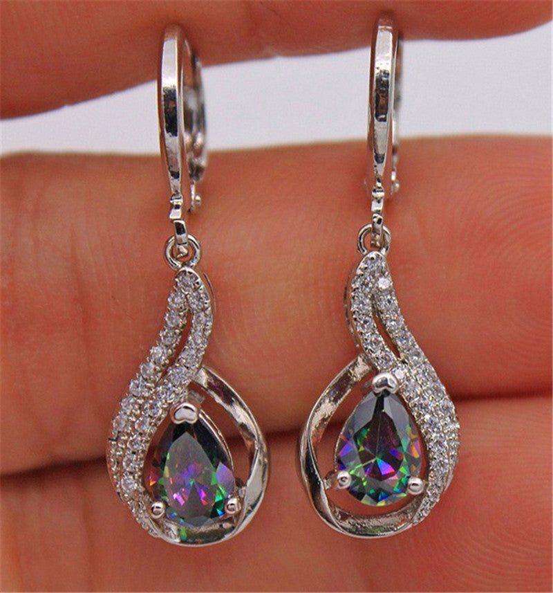 Ladies Silver Crystal Rainbow Water Zircon Stone Drop Long Dangle Earrings