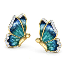 Load image into Gallery viewer, Ladies Green Blue Enamel Butterfly Wings White Crystal Trim Stud Earrings

