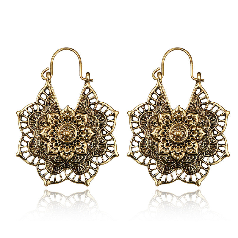 Ladies Gold Vintage Tribal Brass Mandala Bee Flower Cutout Hook Earrings