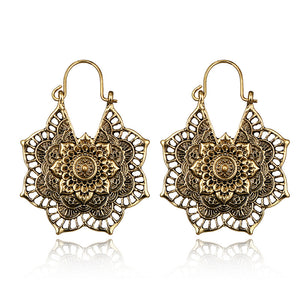 Ladies Gold Vintage Tribal Brass Mandala Bee Flower Cutout Hook Earrings