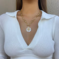 Ladies Gold Plated Round Shell Lotus Pendant Chunky Round Link Chain Necklace