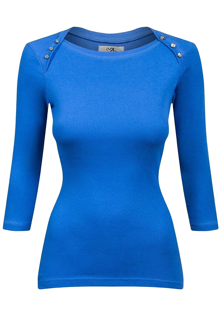 Ladies Blue Wrap Buttoned Shoulder Knitted 3/4 Sleeves Top