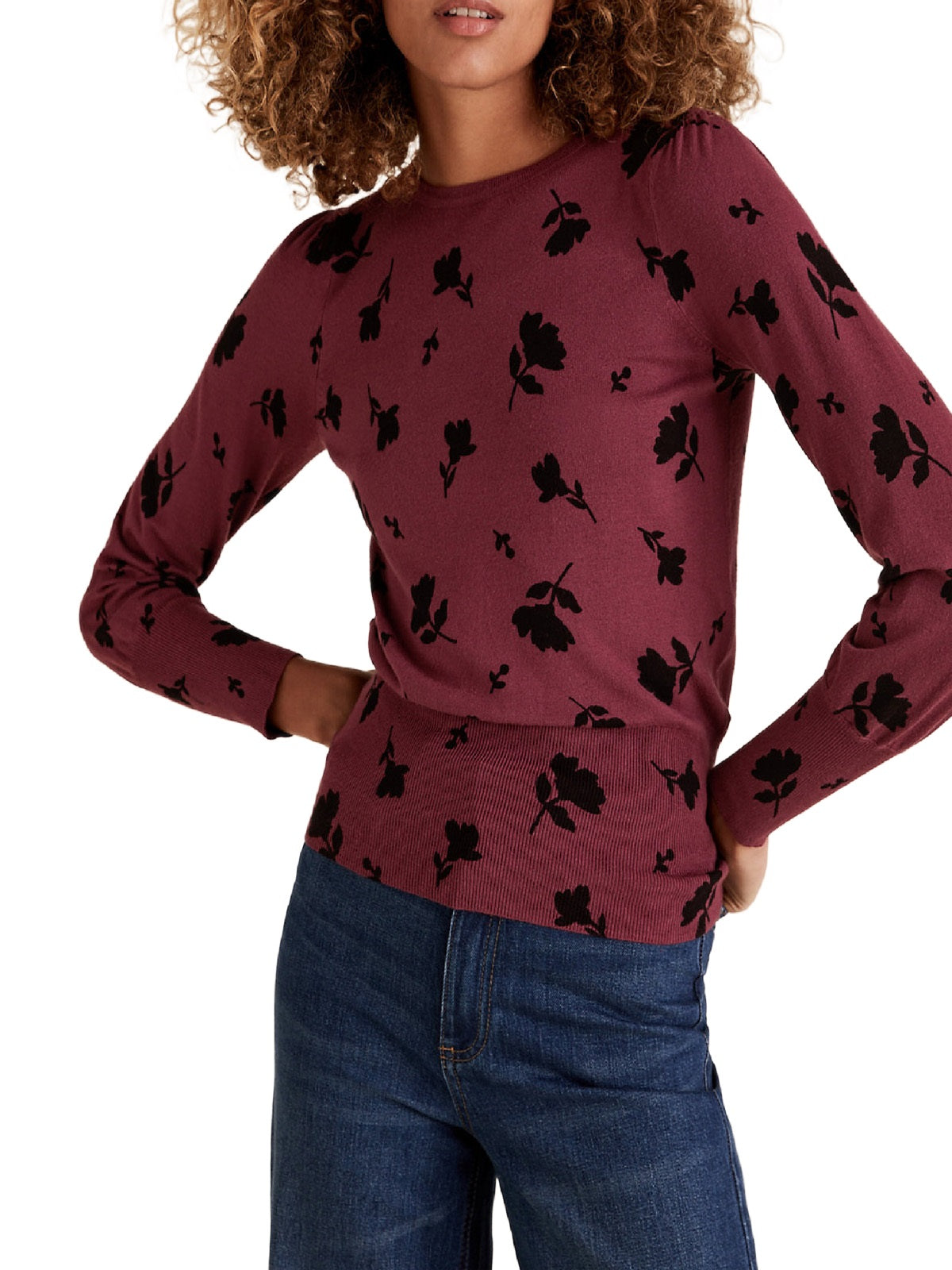 Ladies Dark Red Floral Print Super Soft Long Sleeve Jumper