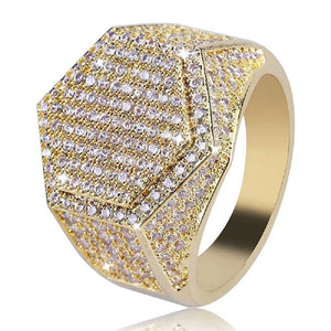 Mens Luxury 18K Gold Plated Hexagon Micropave CZ Ring