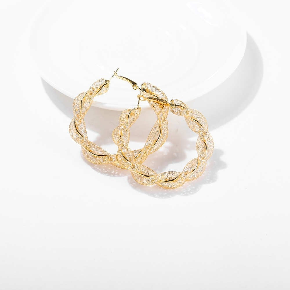 Ladies Gold Round Chunky Twist Crystal Sparkly Hoop Earrings