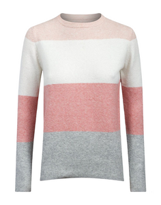Ladies Pink Colour Block Ribbed Soft Knit Relaxed Fit Jumper