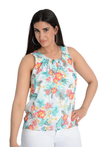 Ladies Ivory Floral Print Chiffon Overlay Fully Lined Sleeveless Top