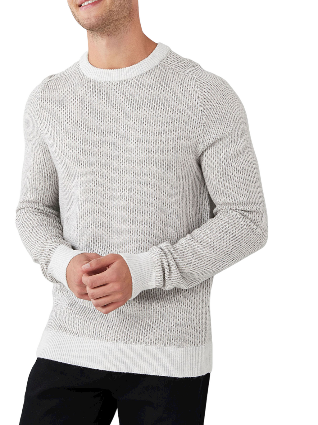 Mens Light Grey Wool Blend Oatmeal Textured Ribbed Crew Neck Warm Jumper