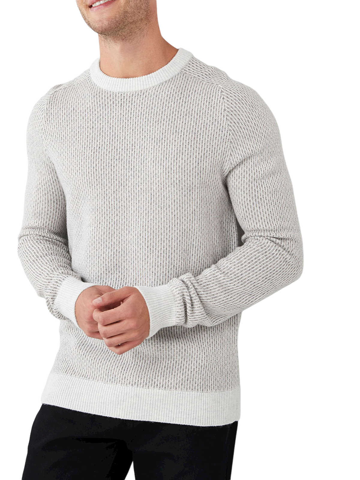 Mens Light Grey Wool Blend Oatmeal Textured Ribbed Crew Neck Warm Jumper