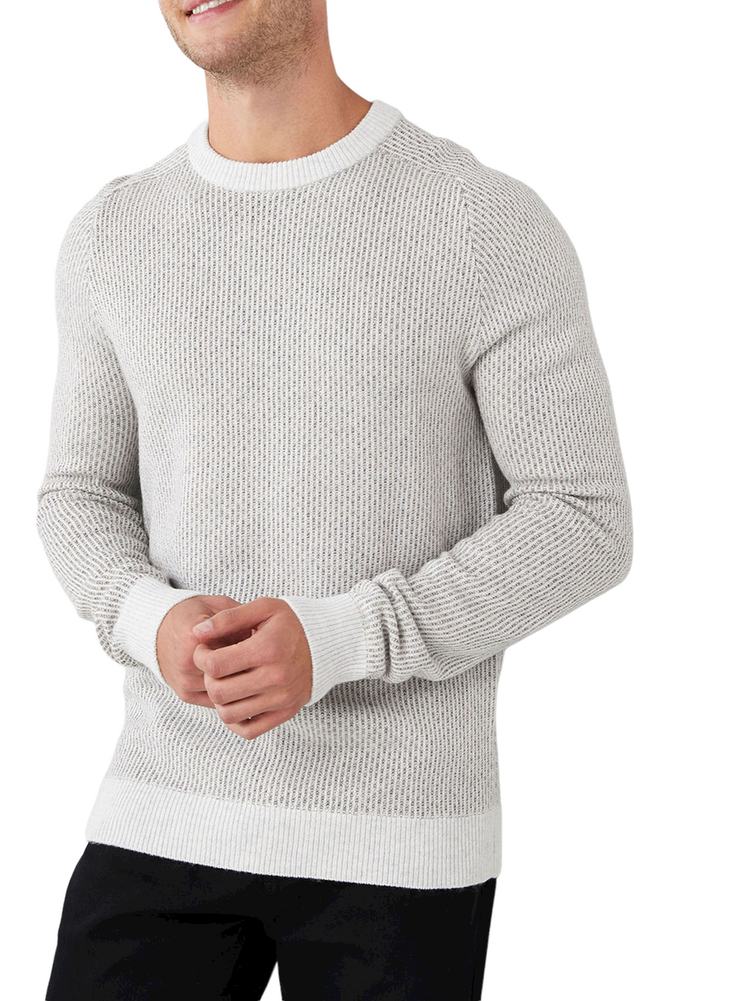 Mens Light Grey Wool Blend Oatmeal Textured Ribbed Crew Neck Warm Jumper