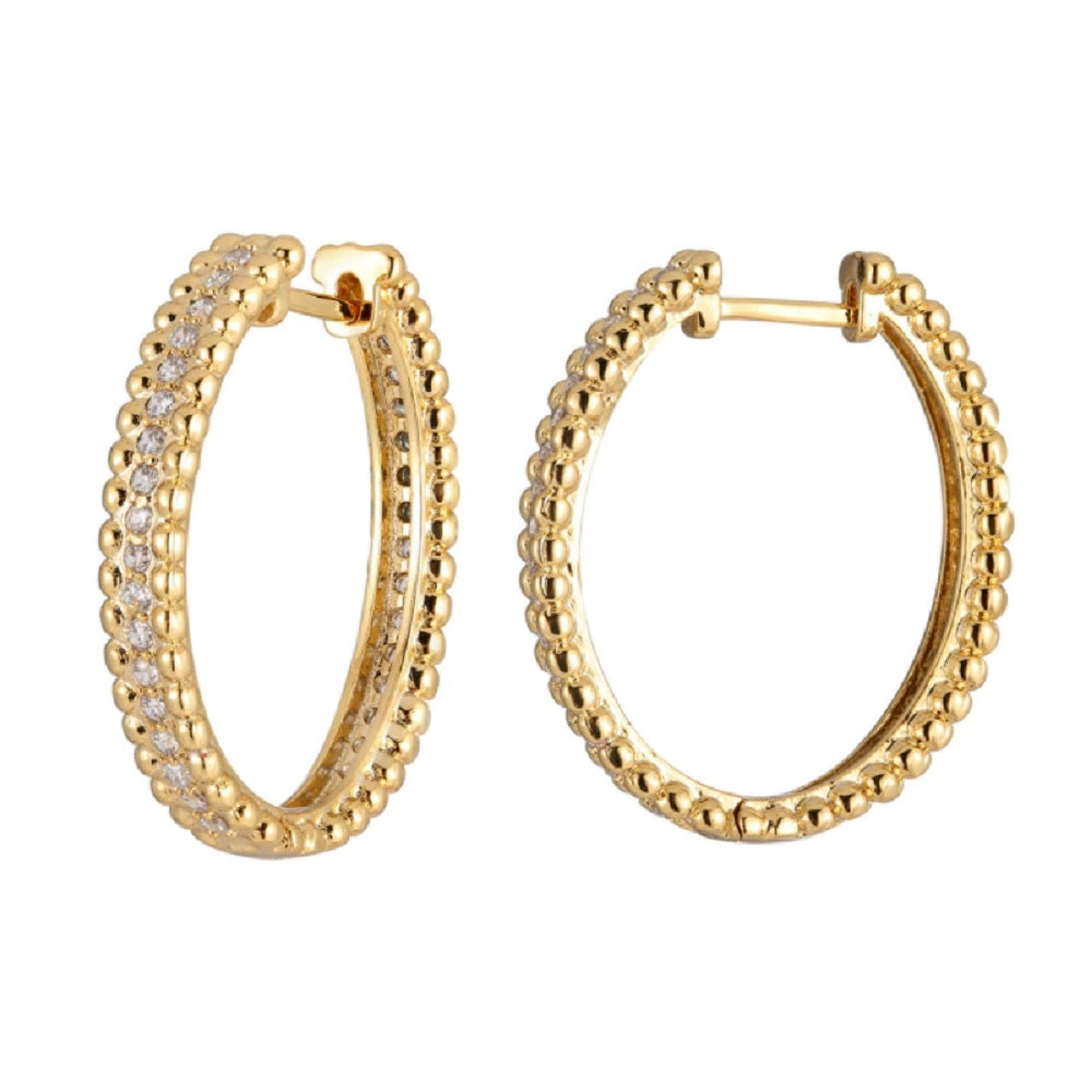 Elegant Gold Oval Beaded Trim Middle Zircon Creole Hoop Earrings