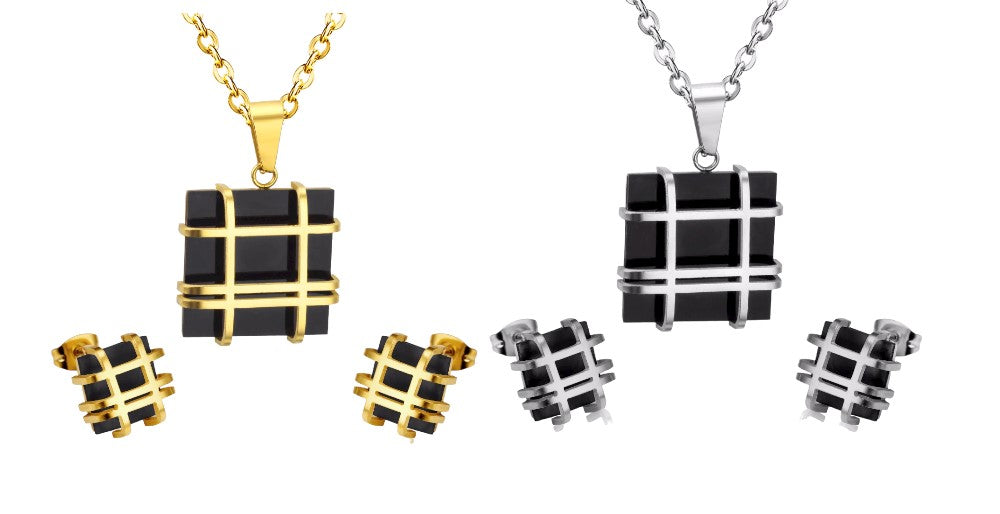 Ladies Gold Silver Stainless Steel Geometry Square Shape Earrings Necklace Set