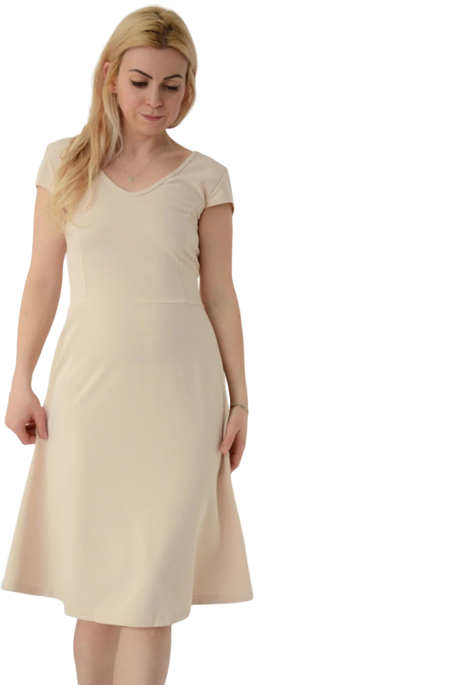 Ladies Nude V Neckline Midi Fit & Flare Dress Klassywear Ladies Nude V Neckline Midi Fit & Flare Dress Klassywear