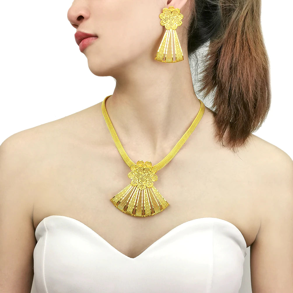 Gold Fan-Shaped Cut Out Big Pendant Earrings Chain Necklace Party Set