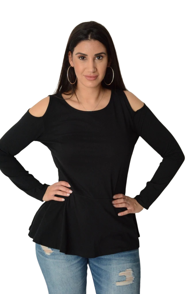 Ladies Black Curve Cut Out Shoulder Peplum Long Sleeve Top