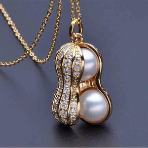 Unisex Gold Simulated Pearl Peanut With Crystals Link Necklace Set