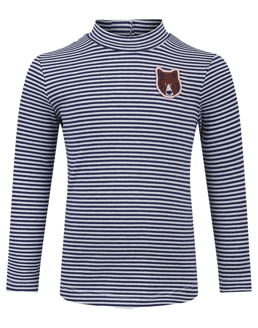 Girls Navy & White Stripe Bear applique Roll Neck Top