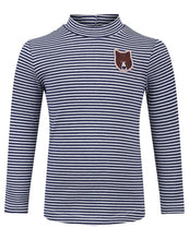 Load image into Gallery viewer, Girls Navy &amp; White Stripe Bear applique Roll Neck Top
