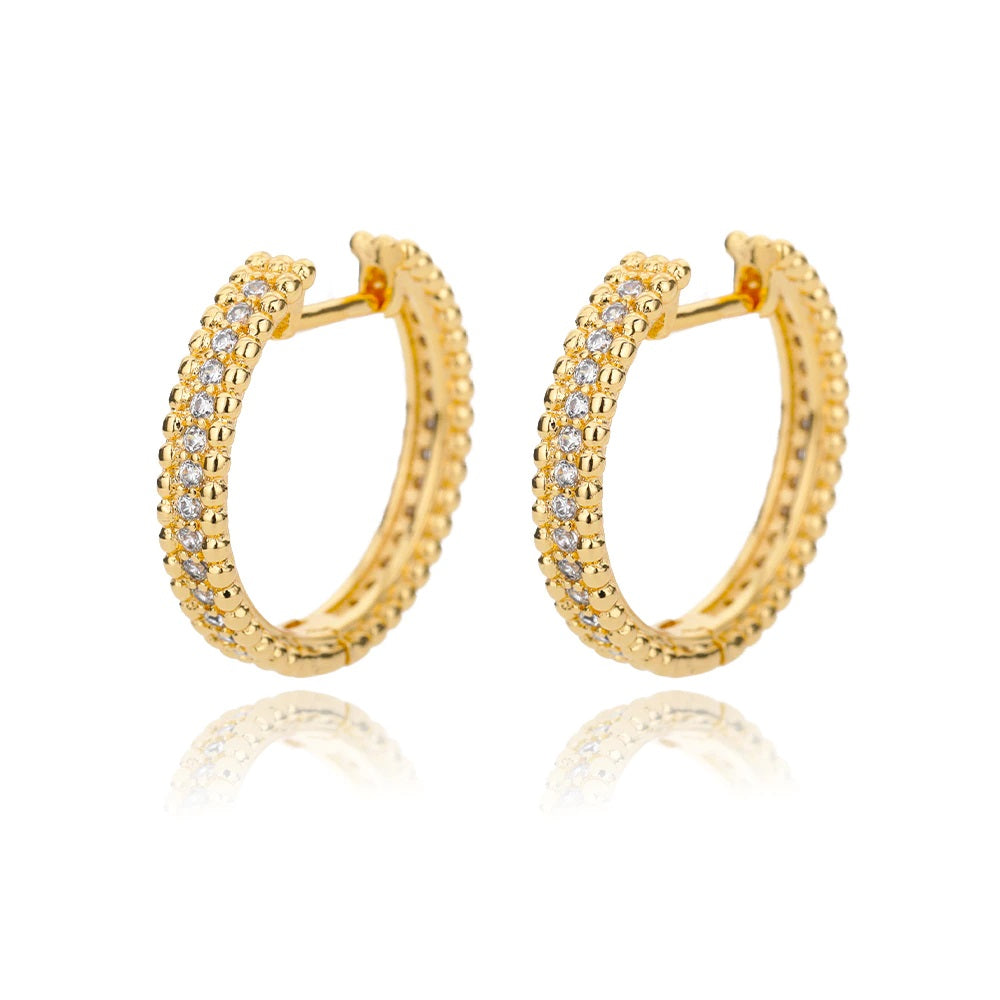 Gold Round Medium Beaded Trim Middle Zircon Creole Hoop Womens Earrings