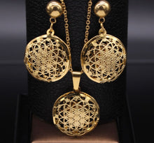 Load image into Gallery viewer, Gold Flower Of Life Stainless Steel Hollow Earring Pendant Necklace Set
