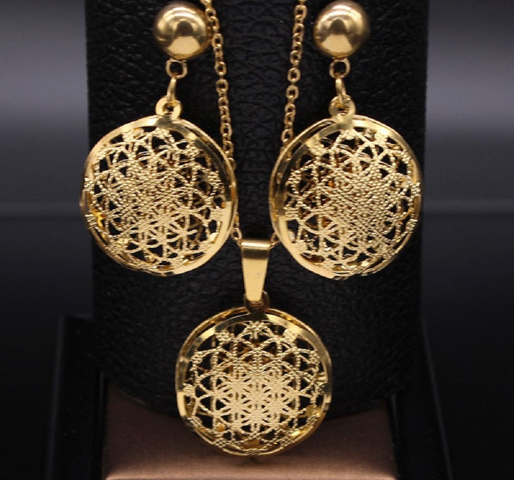 Gold Flower Of Life Stainless Steel Hollow Earring Pendant Necklace Set