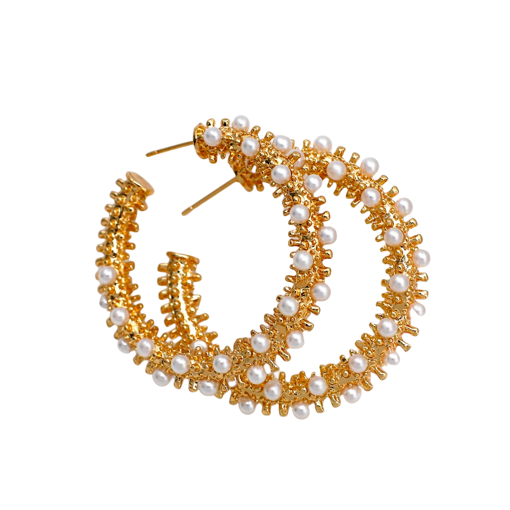 Ladies Gold Round Chunky Pearl Inlay Geometric C Shape Stud Earrings
