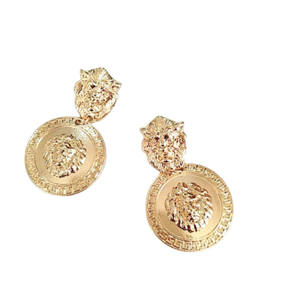Lion Head Gold Plated Round Medusa Medallion Coin Earrings