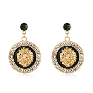 Round 18K Gold Plated Lion Head Rhinestone Dangle Stud Earrings