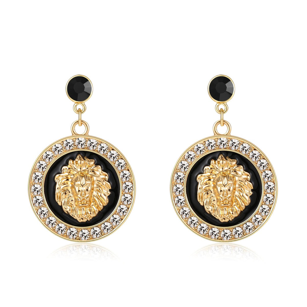 Round 18K Gold Plated Lion Head Rhinestone Dangle Stud Earrings