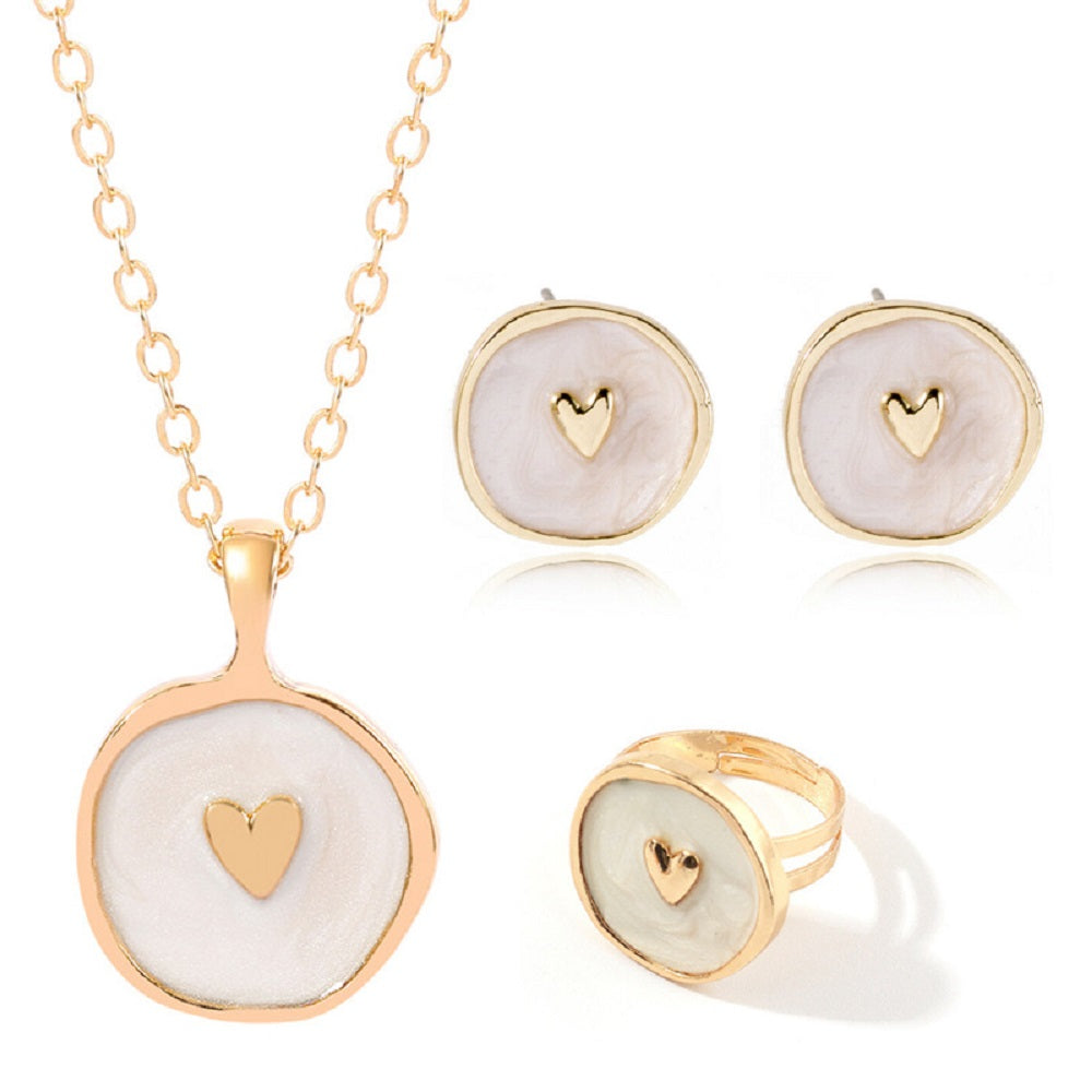 Ladies White Heart Celestial Pendant Necklace Earring Ring 4Pc Set
