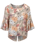 Ladies Peach Floral Dip hem Regular Fit Bell Sleeves Top