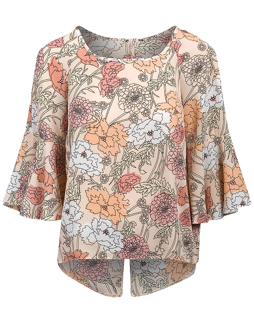 Ladies Peach Floral Dip hem Regular Fit Bell Sleeves Top