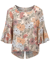 Load image into Gallery viewer, Ladies Peach Floral Dip hem Regular Fit Bell Sleeves Top
