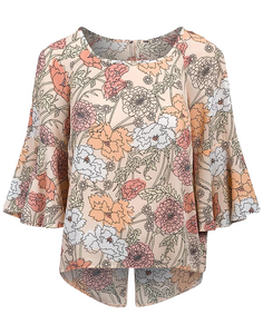 Ladies Peach Floral Dip hem Regular Fit Bell Sleeves Top