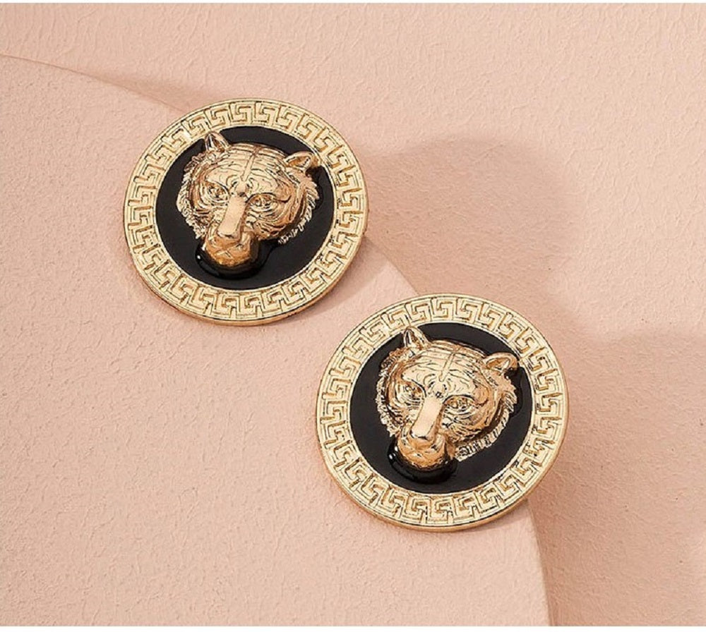 Ladies Gold Plated Tiger Head Pendant Stud Earrings