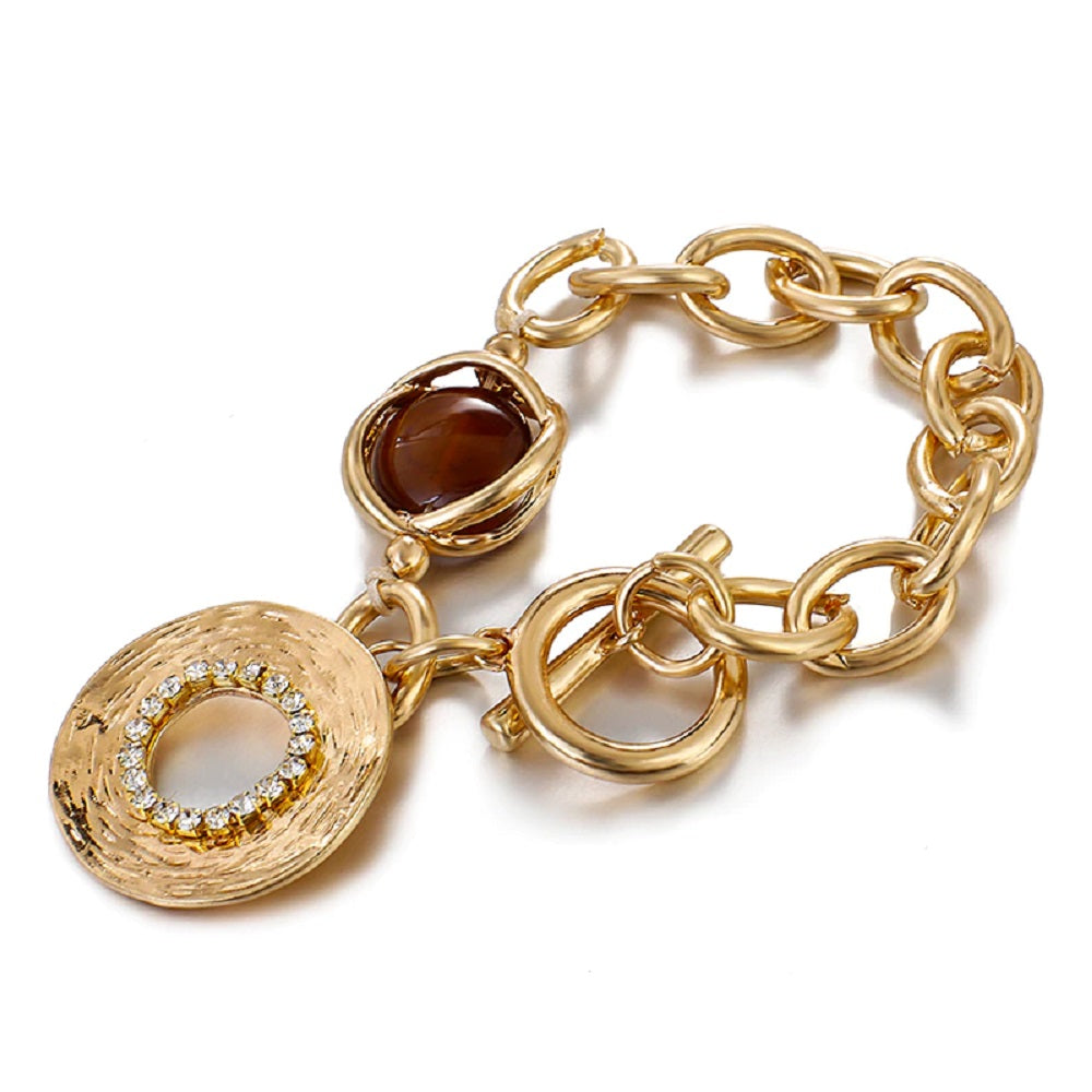 Gold Smoky Gemstone Chunky Round Link Toggle Clasp Bracelet