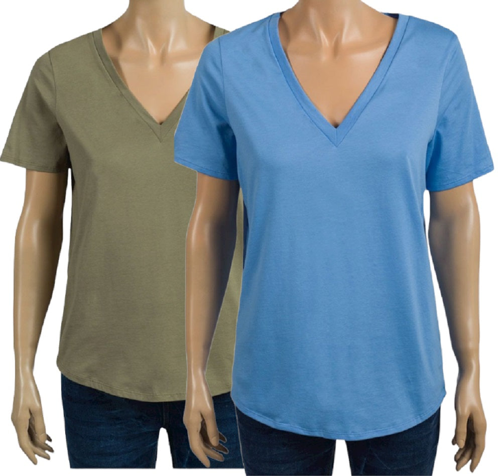 Ladies Plain Pure Cotton V Neck Short Sleeve Tee Shirt Jersey Top