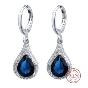 Ladies 925 Silver Sterling Crystal Blue Zircon Dangle Earrings