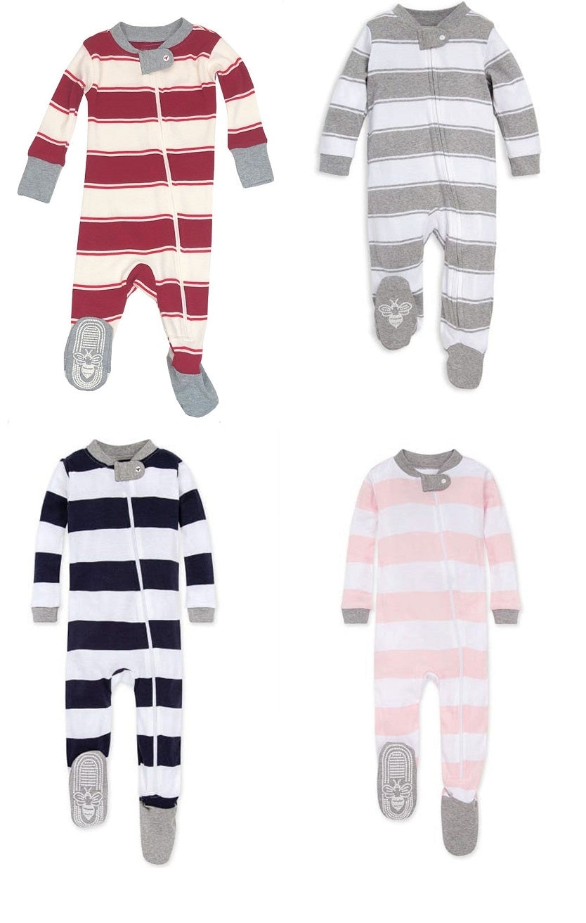 Baby Boys Girls Unisex Burts Bees Striped Babygrow Anti Slip Footie Sleepsuits