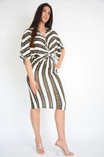 Load image into Gallery viewer, White &amp; Black Stripe Chain Print Twist Wrap Midi Dress
