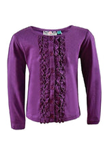 Load image into Gallery viewer, Girls Purple Knot So Bad Cotton Rich Long sleeve Button Down Frill Top.
