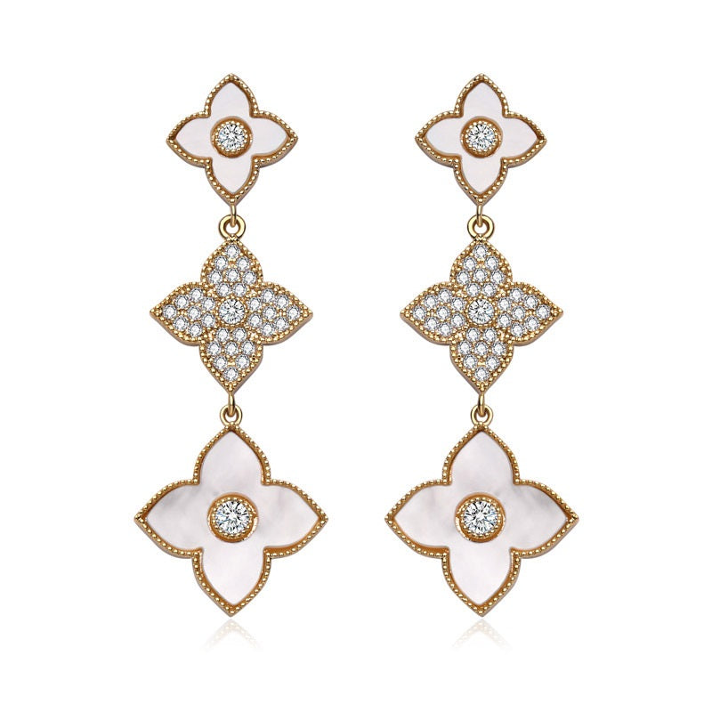 Ladies White Four-Leaf Clover Zircon Crystal Dangling Stud Earrings