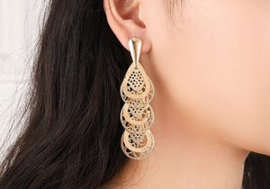 Ladies Gold Hollow Cut Out Tier Layered Geer Wheel Drop Earrings