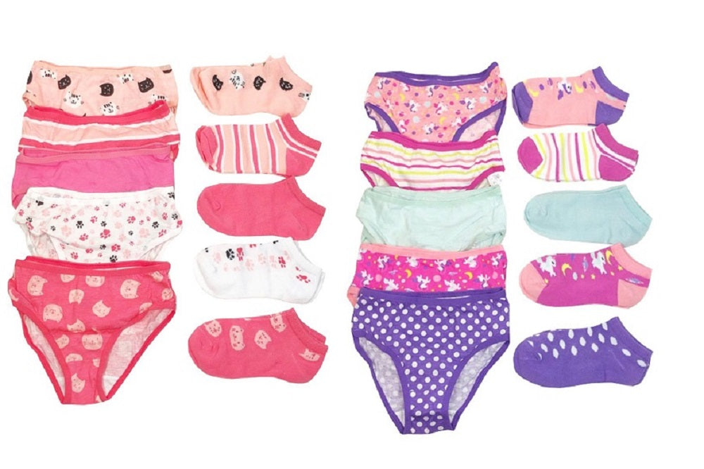 Girls Novelty 5 Pack Cotton Briefs & 5 Pack Matching Ankle Socks Underwear Sets