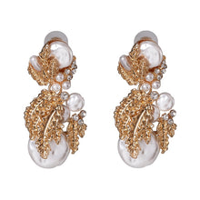 Load image into Gallery viewer, Ladies Gold Pearl Crystal Beaded Leafy Bold Earrings
