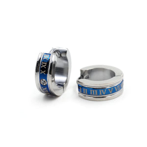Unisex Silver & Blue Trim Crystal Roman Numeral Steel Anti-Allergic Hoop Earring
