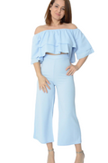 Ladies Blue Bandeau Short Sleeve Top & Cropped Trouser Set